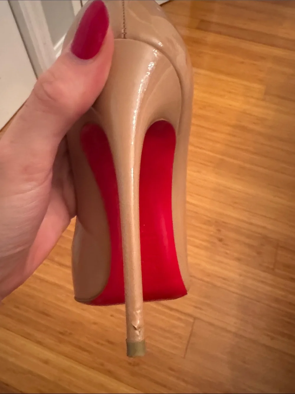 Christian Louboutin Blush Patent Pointed-Toe Stiletto with Red Sole